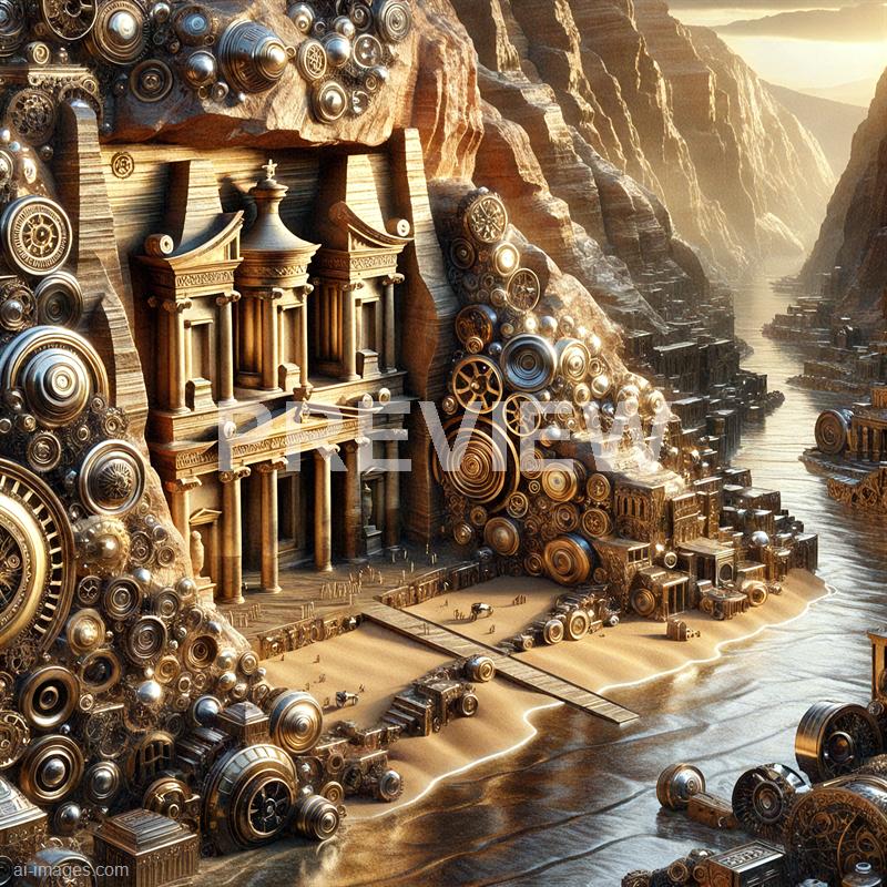 The image depicts an elaborate, fantastical landscape featuring a grand ancient-style building with classical columns and intricate architectural details, embedded into a rugged cliffside. Surrounding the structure are numerous metallic gears, cogs, and spherical mechanical components that appear to be part of a complex steampunk-inspired machine or sculpture, extending along the cliff face and into the terrain below. The scene is bathed in warm, golden light, with a winding river flowing through the canyon and towering mountains in the distance, creating a surreal blend of natural and mechanical elements.